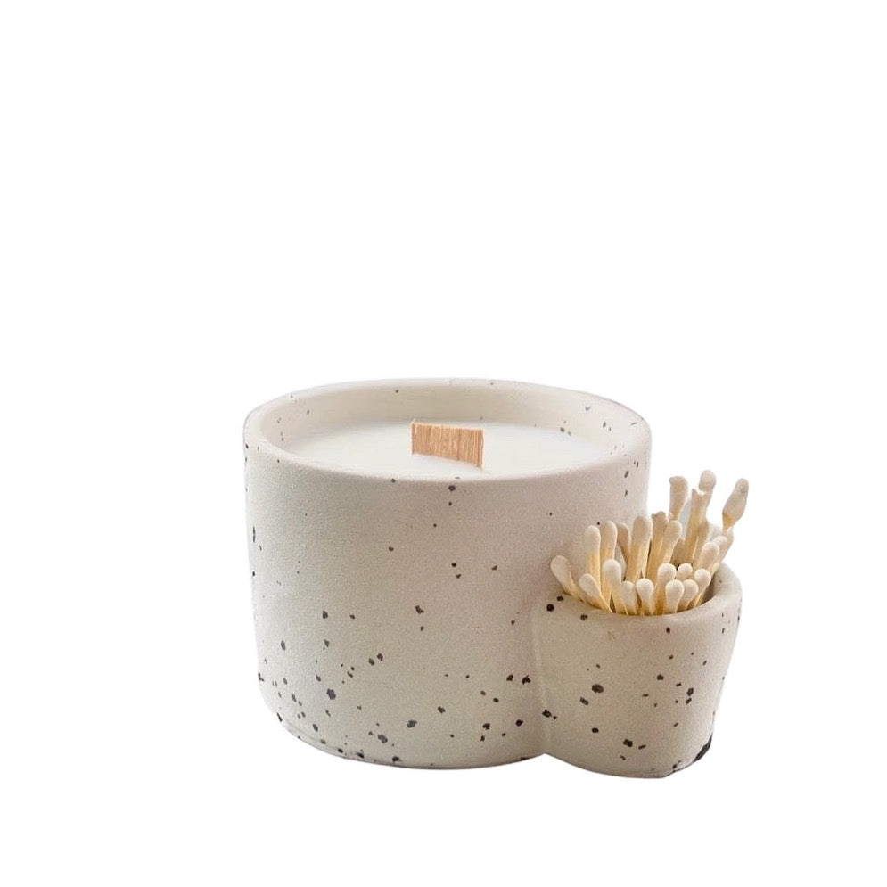 Ceramic candle with matches, wood wick, organic soy candle, nordic pine